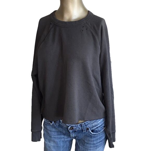 Aerie M Oversized Pullover Crewneck Cropped Sweater Long Sleeve Gray Distressed - Picture 1 of 6